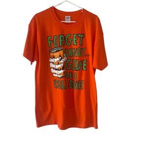 Gildan Halloween Men's Size Large Orange Skull Pumpkin Candy Graphic Tee Shirt